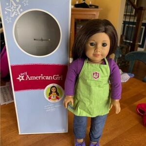 American Girl Doll in Purple Top and Lime Green Apron